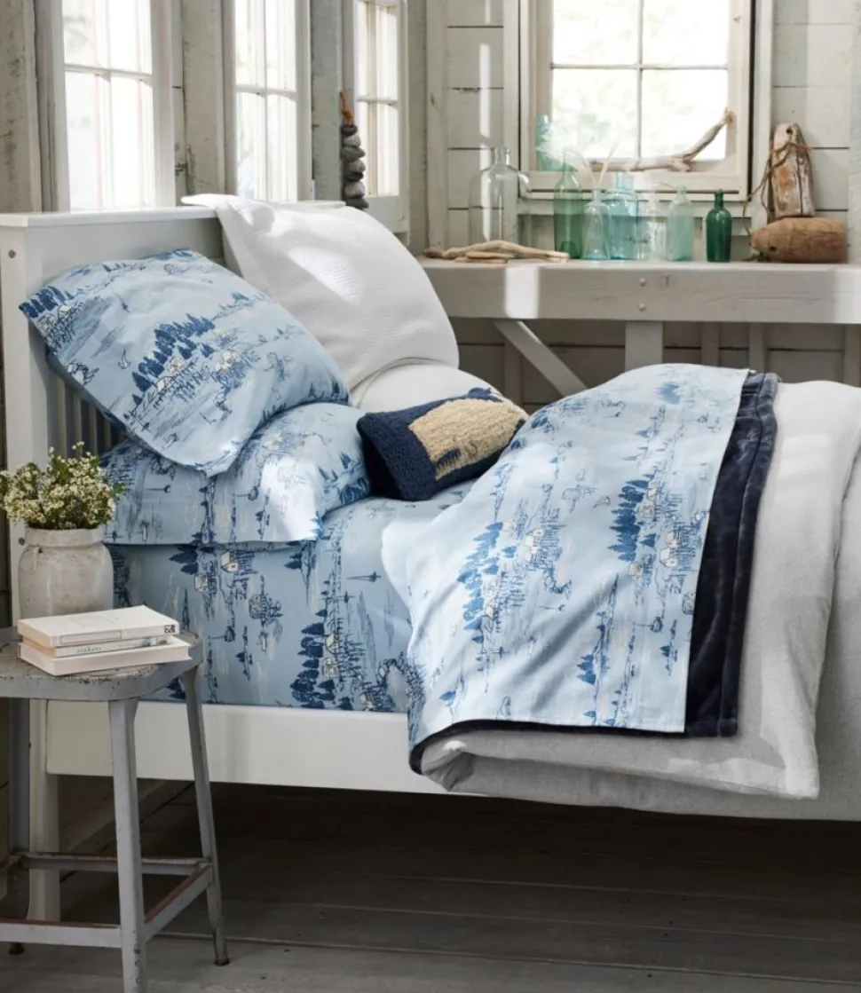 Hot L.L.Bean "Coastal Landscape Flannel Sheet Collection" SeasideBlue