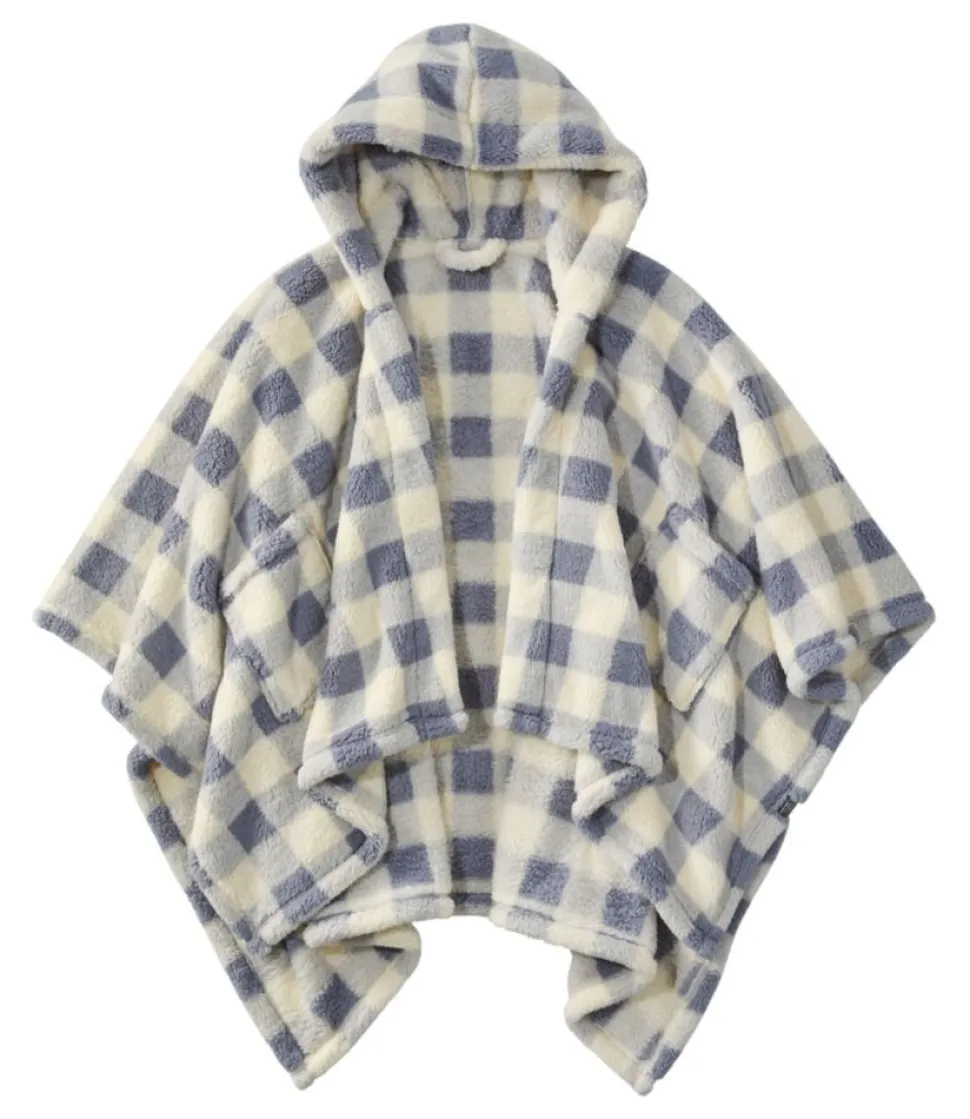 Cheap L.L.Bean "Cozy Sherpa Wearable Throw, Plaid" Cream/IndigoGray