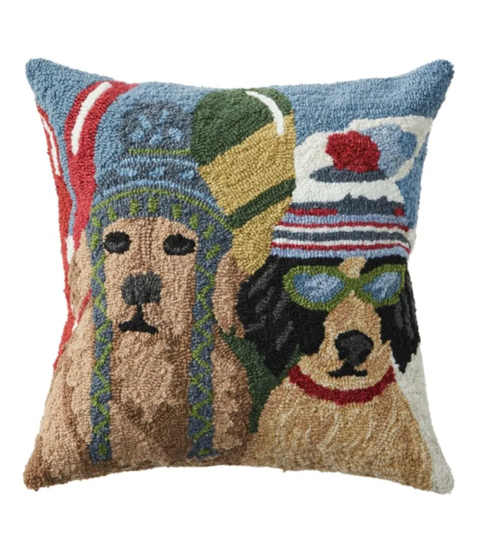 Clearance L.L.Bean "Indoor/Outdoor Hooked Pillow, Dogs Skiing" Multi