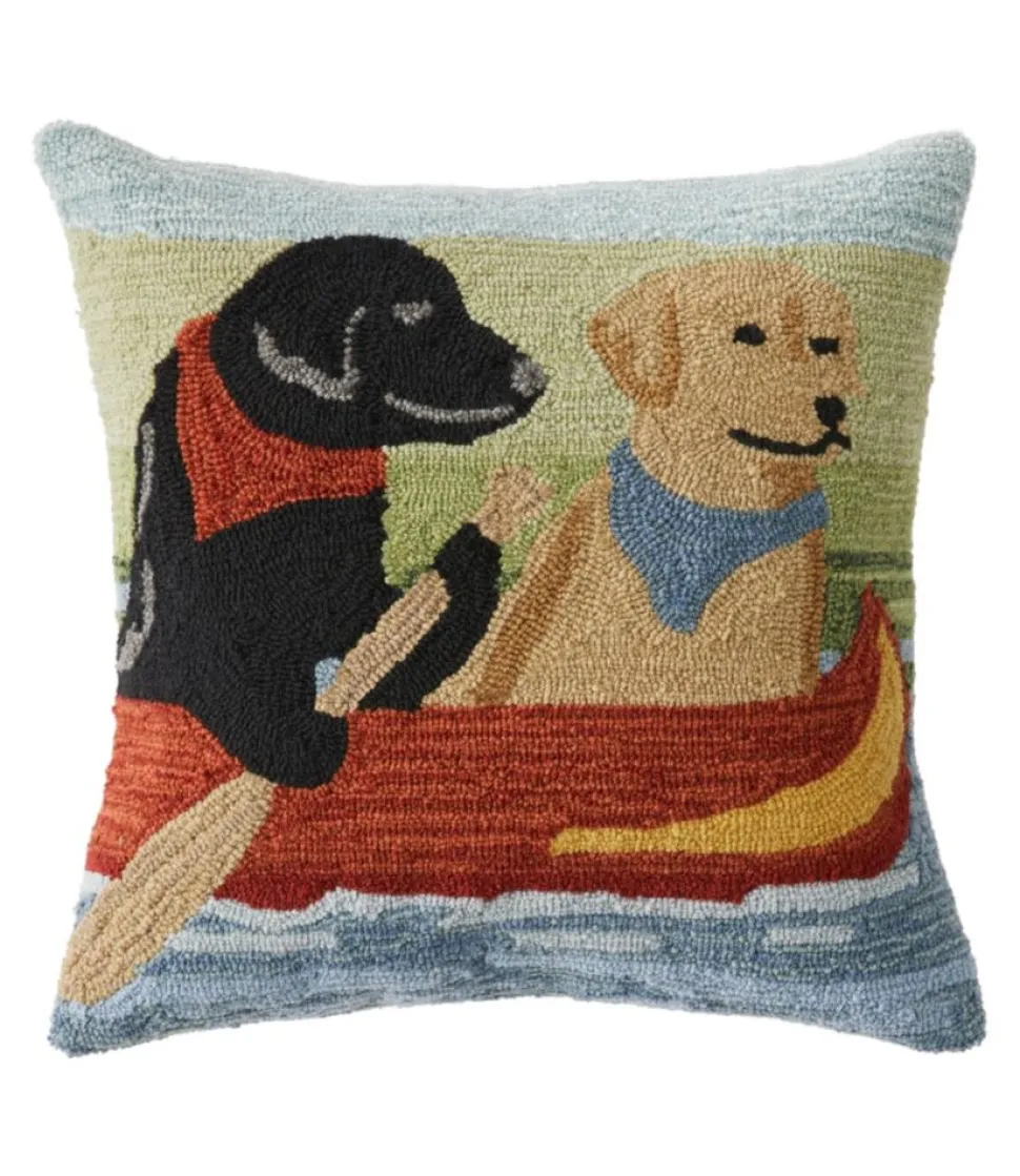 Best Sale L.L.Bean "Indoor/Outdoor Hooked Pillow, Dogs in Canoe" Multi