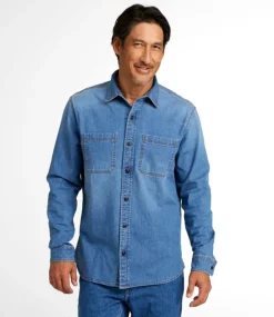 Cheap L.L.Bean "Men's BeanFlex® Denim Shirt, Slightly Fitted Untucked Fit, Long-Sleeve"