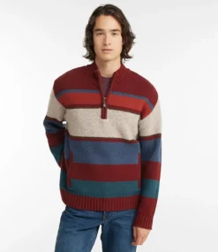 Clearance L.L.Bean "Men's Bean's Classic Ragg Wool Sweater, Quarter-Zip, Stripe" MountainRed