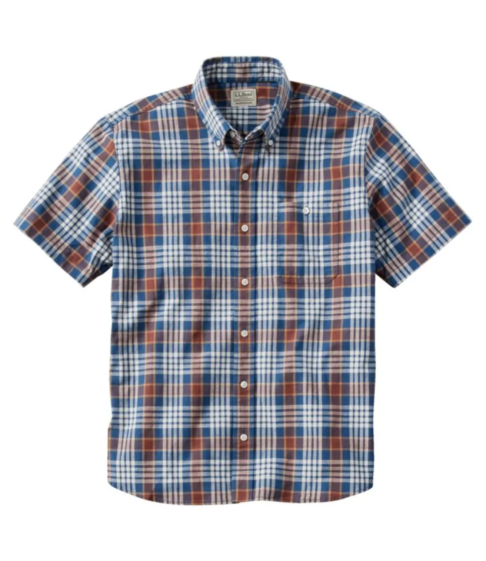 Sale L.L.Bean "Men's Comfort Stretch Chambray Shirt, Traditional Untucked Fit, Short-Sleeve, Plaid"