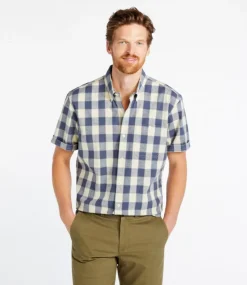 Sale L.L.Bean "Men's Comfort Stretch Chambray Shirt, Traditional Untucked Fit, Short-Sleeve, Plaid"