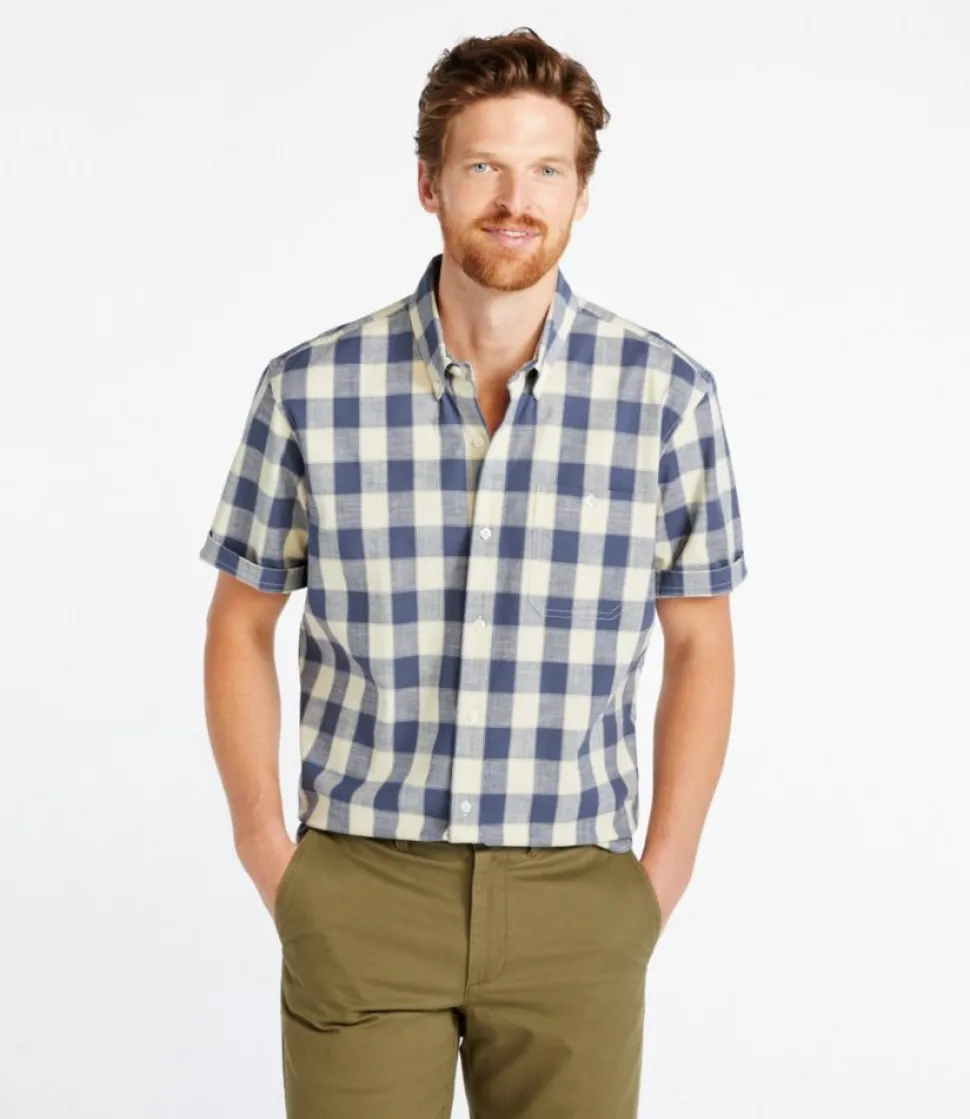 Sale L.L.Bean "Men's Comfort Stretch Chambray Shirt, Traditional Untucked Fit, Short-Sleeve, Plaid"