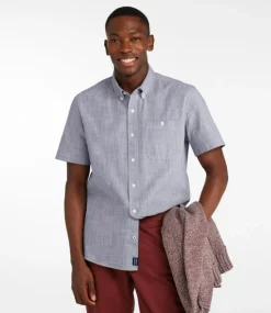 Cheap L.L.Bean "Men's Comfort Stretch Chambray Shirt, Slightly Fitted Untucked Fit, Short-Sleeve, Stripe" ClassicNavy