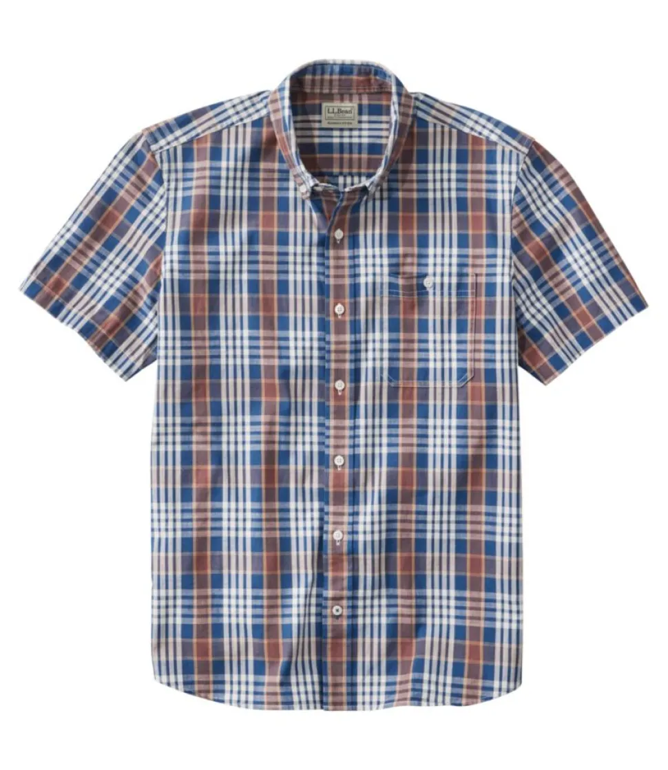 Best Sale L.L.Bean "Men's Comfort Stretch Chambray Shirt, Slightly Fitted Untucked Fit, Short-Sleeve, Plaid"