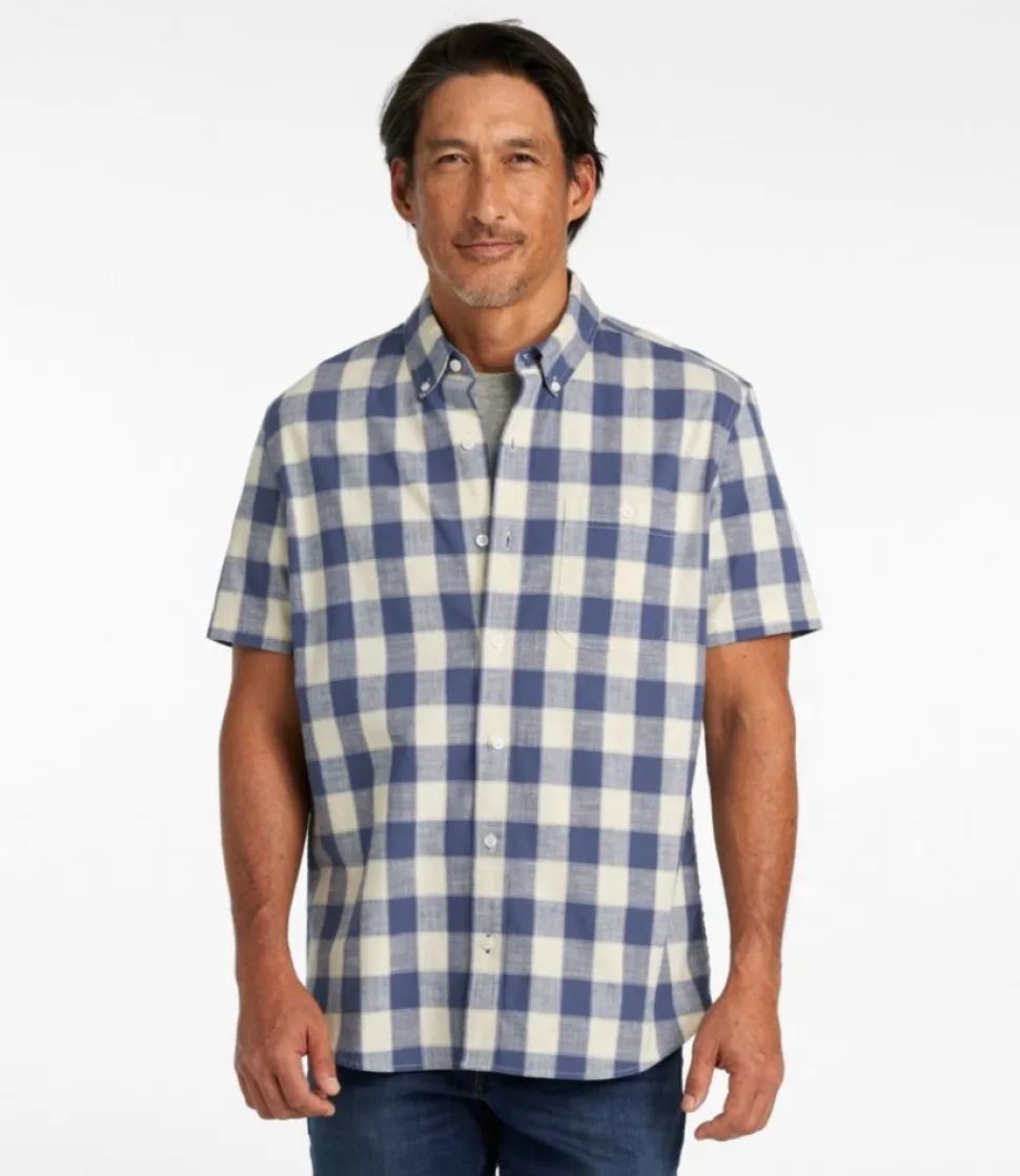 Best Sale L.L.Bean "Men's Comfort Stretch Chambray Shirt, Slightly Fitted Untucked Fit, Short-Sleeve, Plaid"