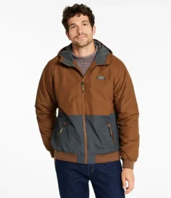 Sale L.L.Bean "Men's Insulated 3-Season Bomber Hooded Jacket, Colorblock" Hazelnut/AlloyGray