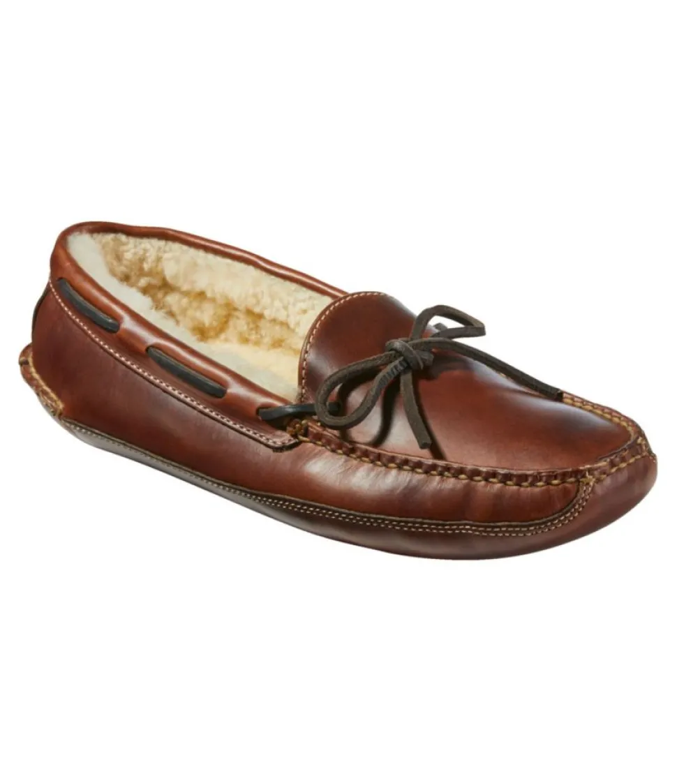 New L.L.Bean "Men's Leather Double-Sole Slippers, Shearling-Lined" Brown