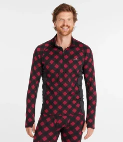 Clearance L.L.Bean "Men's Midweight Base Layer, 1/4 Zip, Print" DarkRedBuffaloPlaid