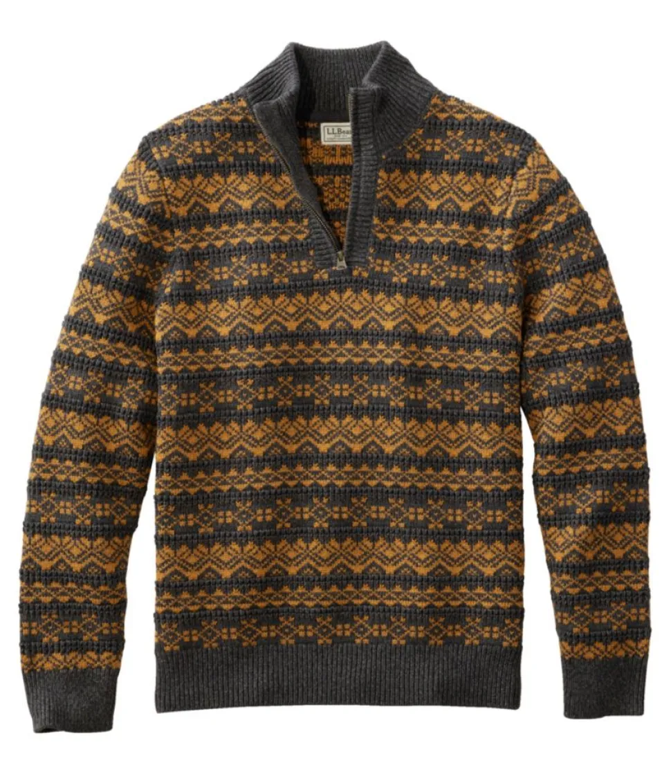 Fashion L.L.Bean "Men's Organic Cotton Waffle Sweater, Quarter-Zip, Fair Isle" FadedBlack/GlazedGinger