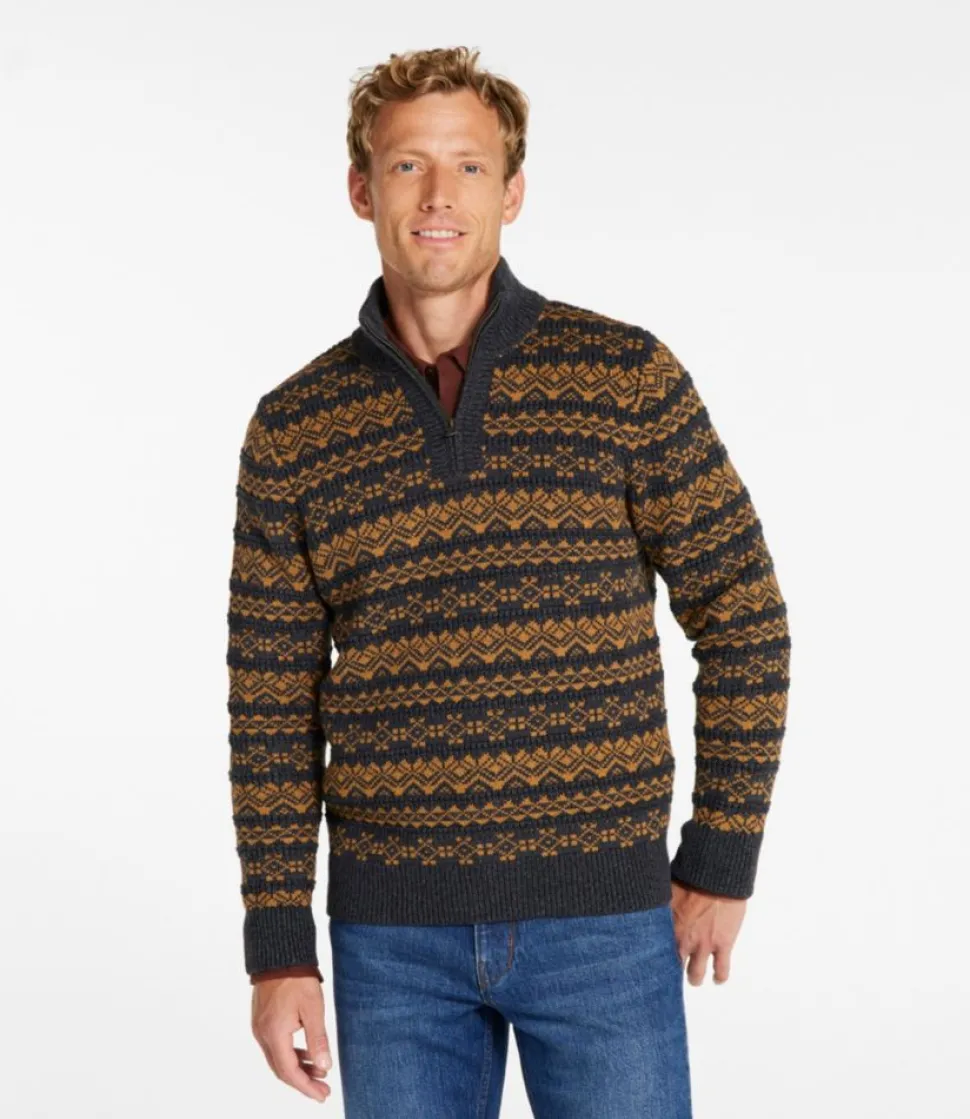 Fashion L.L.Bean "Men's Organic Cotton Waffle Sweater, Quarter-Zip, Fair Isle" FadedBlack/GlazedGinger