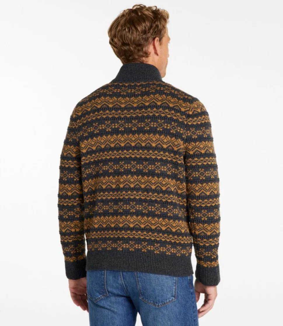 Fashion L.L.Bean "Men's Organic Cotton Waffle Sweater, Quarter-Zip, Fair Isle" FadedBlack/GlazedGinger