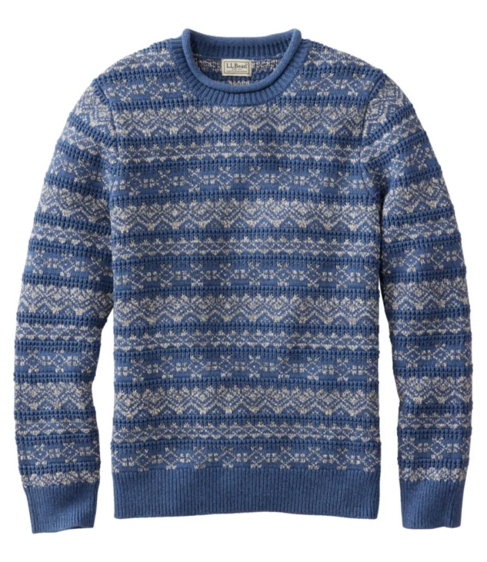 Best Sale L.L.Bean "Men's Organic Cotton Waffle Sweater, Crewneck, Fair Isle" Blue/GrayHeather