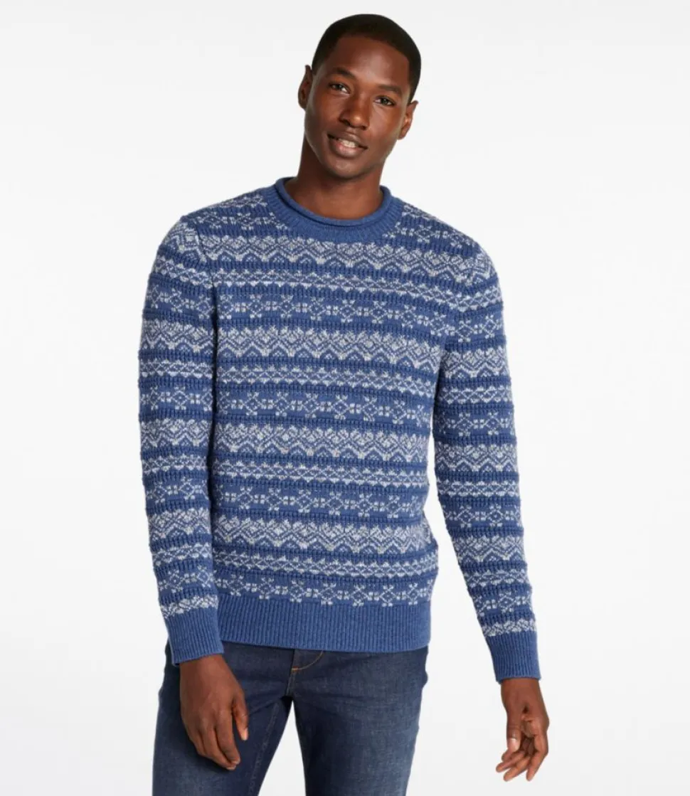 Best Sale L.L.Bean "Men's Organic Cotton Waffle Sweater, Crewneck, Fair Isle" Blue/GrayHeather