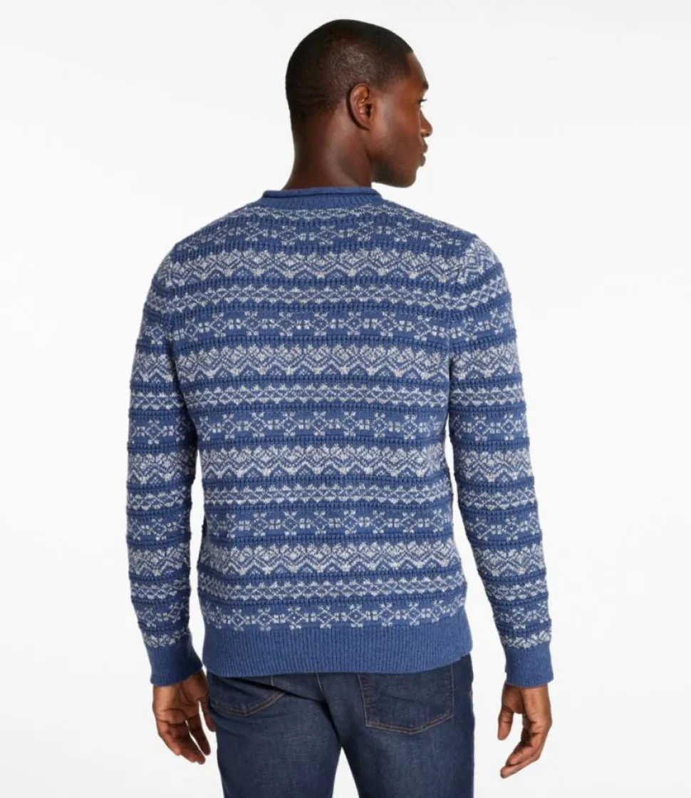Best Sale L.L.Bean "Men's Organic Cotton Waffle Sweater, Crewneck, Fair Isle" Blue/GrayHeather