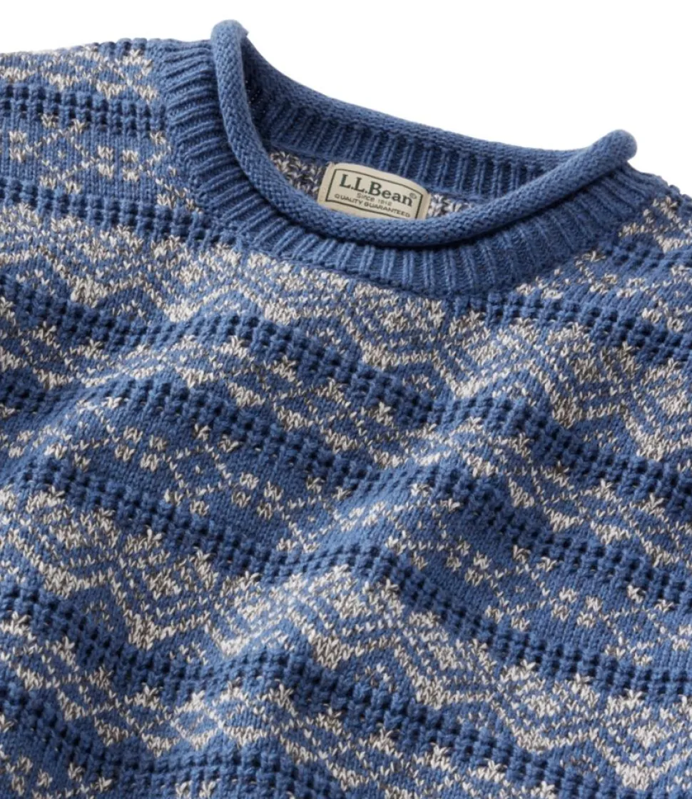 Best Sale L.L.Bean "Men's Organic Cotton Waffle Sweater, Crewneck, Fair Isle" Blue/GrayHeather