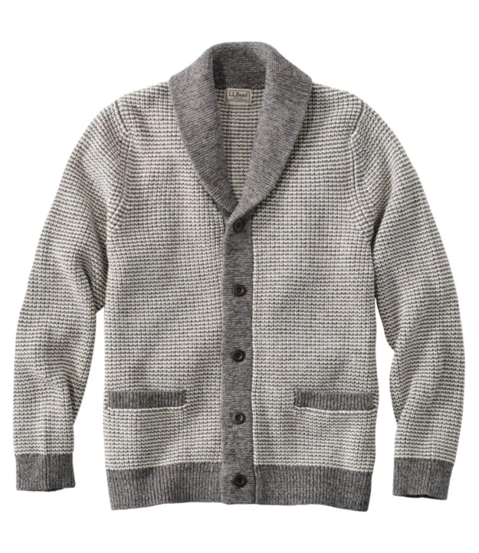 Best L.L.Bean "Men's Organic Cotton Sweater, Cardigan, Stripe" GrayHeather/PaleKhaki