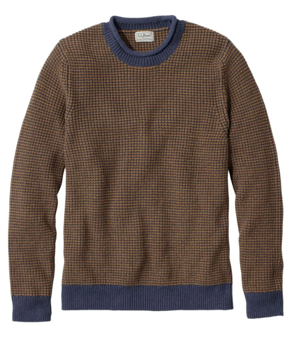 Outlet L.L.Bean "Men's Organic Cotton Waffle Sweater, Rollneck Crew, Stripe" Navy/GlazedGinger