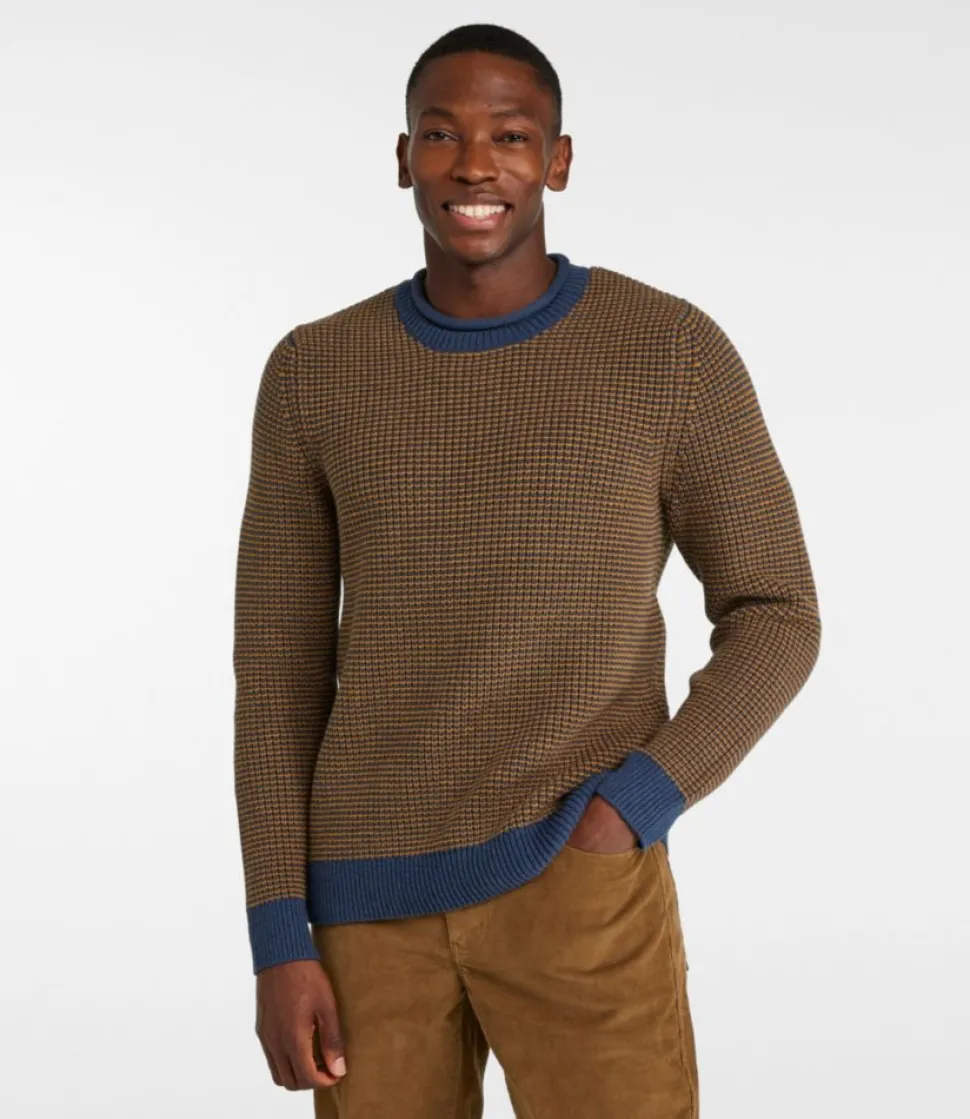 Outlet L.L.Bean "Men's Organic Cotton Waffle Sweater, Rollneck Crew, Stripe" Navy/GlazedGinger