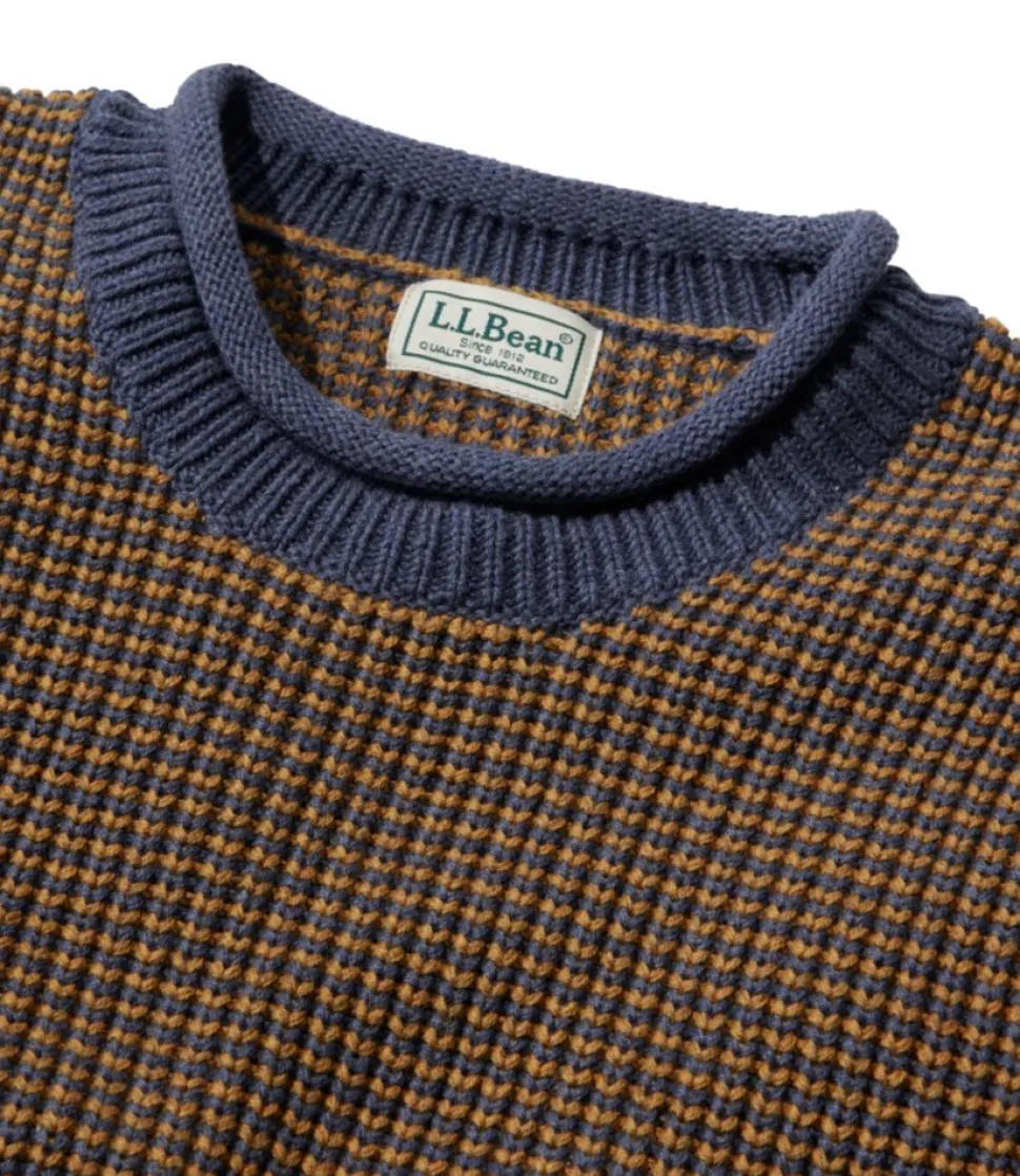 Outlet L.L.Bean "Men's Organic Cotton Waffle Sweater, Rollneck Crew, Stripe" Navy/GlazedGinger