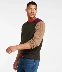 Hot L.L.Bean "Men's Rangeley Merino Sweater, Crewneck, Colorblock" Loden/TaupeHeather