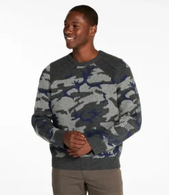 Clearance L.L.Bean "Men's Rangeley Merino Sweater, Crewneck, Pattern" CharcoalHeatherCamo