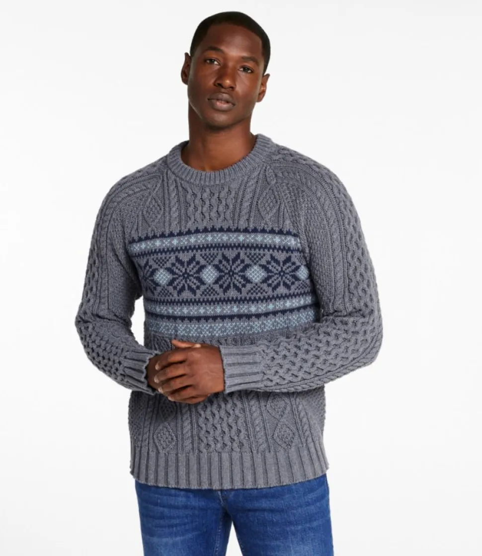 Discount L.L.Bean "Men's Signature Cotton Fisherman Sweater, Crewneck, Fair Isle" LightGrayHeatherFairIsle