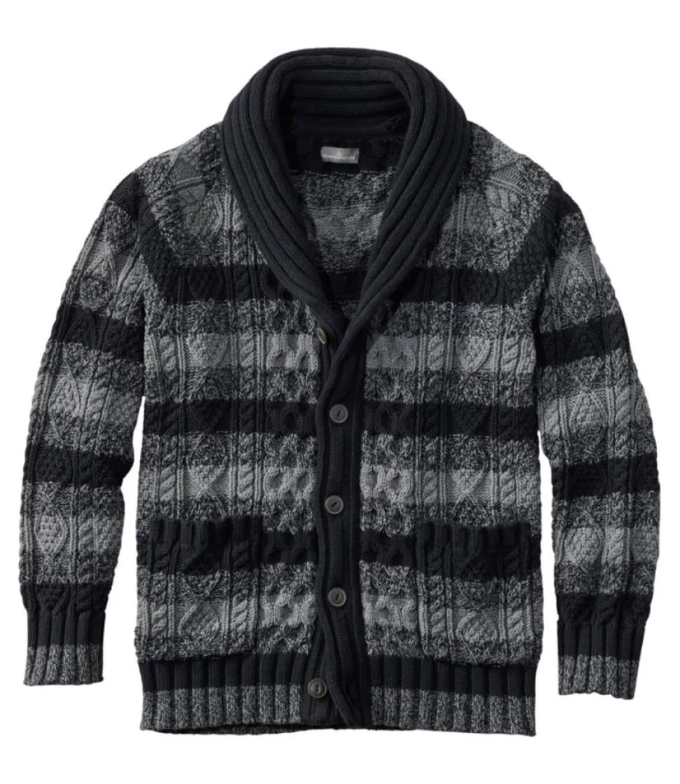 New L.L.Bean "Men's Signature Cotton Fisherman Sweater, Shawl-Collar Cardigan, Stripe" FadedBlackStripe