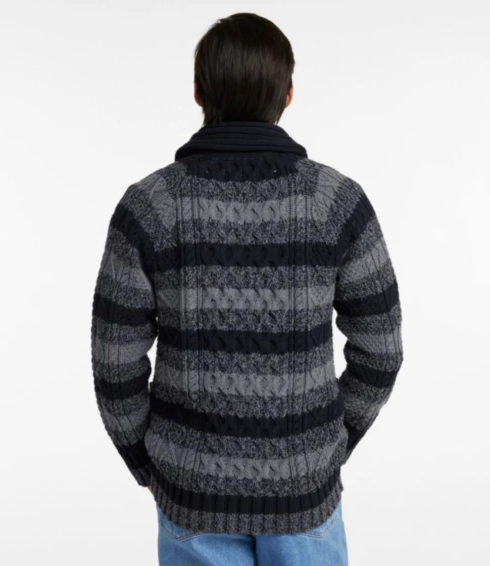 New L.L.Bean "Men's Signature Cotton Fisherman Sweater, Shawl-Collar Cardigan, Stripe" FadedBlackStripe