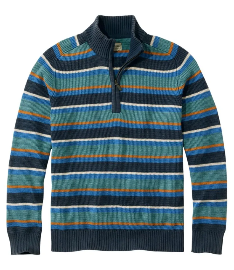 Fashion L.L.Bean "Men's Textured Washed Cotton Sweaters, Quarter Zip, Stripe" ClassicNavy