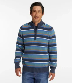 Fashion L.L.Bean "Men's Textured Washed Cotton Sweaters, Quarter Zip, Stripe" ClassicNavy