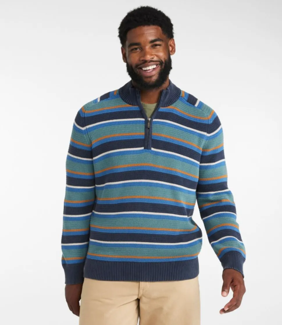 Fashion L.L.Bean "Men's Textured Washed Cotton Sweaters, Quarter Zip, Stripe" ClassicNavy
