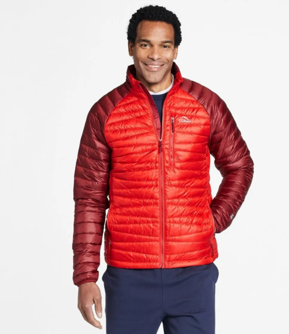 Best Sale L.L.Bean "Men's Ultralight 850 Down Sweater, Colorblock" VibrantRed/MountainRed