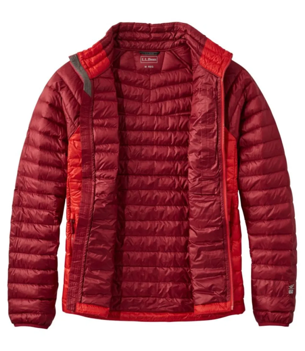 Best Sale L.L.Bean "Men's Ultralight 850 Down Sweater, Colorblock" VibrantRed/MountainRed