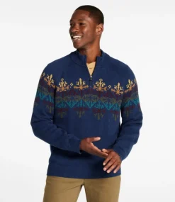 Best L.L.Bean "Men's Wicked Soft Cotton/Cashmere Sweater, 1/4 Zip, Pattern" ClassicNavyFairIsle