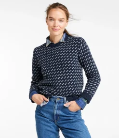 Outlet L.L.Bean "Women's Bean's Classic Ragg Wool Sweater, Crewneck Bird's-Eye" ClassicNavy/LightGrayHeatherBirdseye