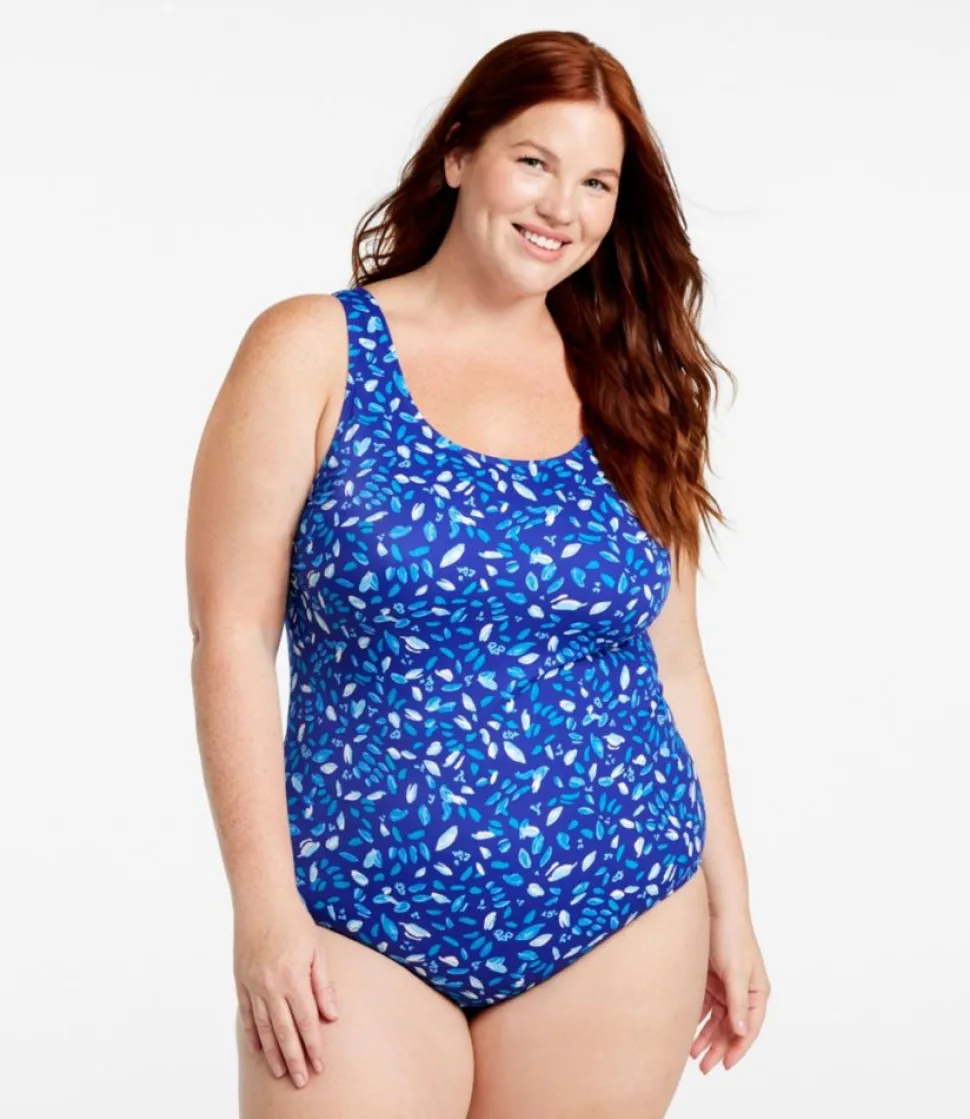 Fashion L.L.Bean "Women's BeanSport Swimwear, Scoopneck Tanksuit Print" CobaltPetalMulti