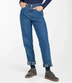 Cheap L.L.Bean "Women's Double L® Jeans, Ultra-High Rise Tapered Leg Flannel-Lined" DarkIndigoPlaid