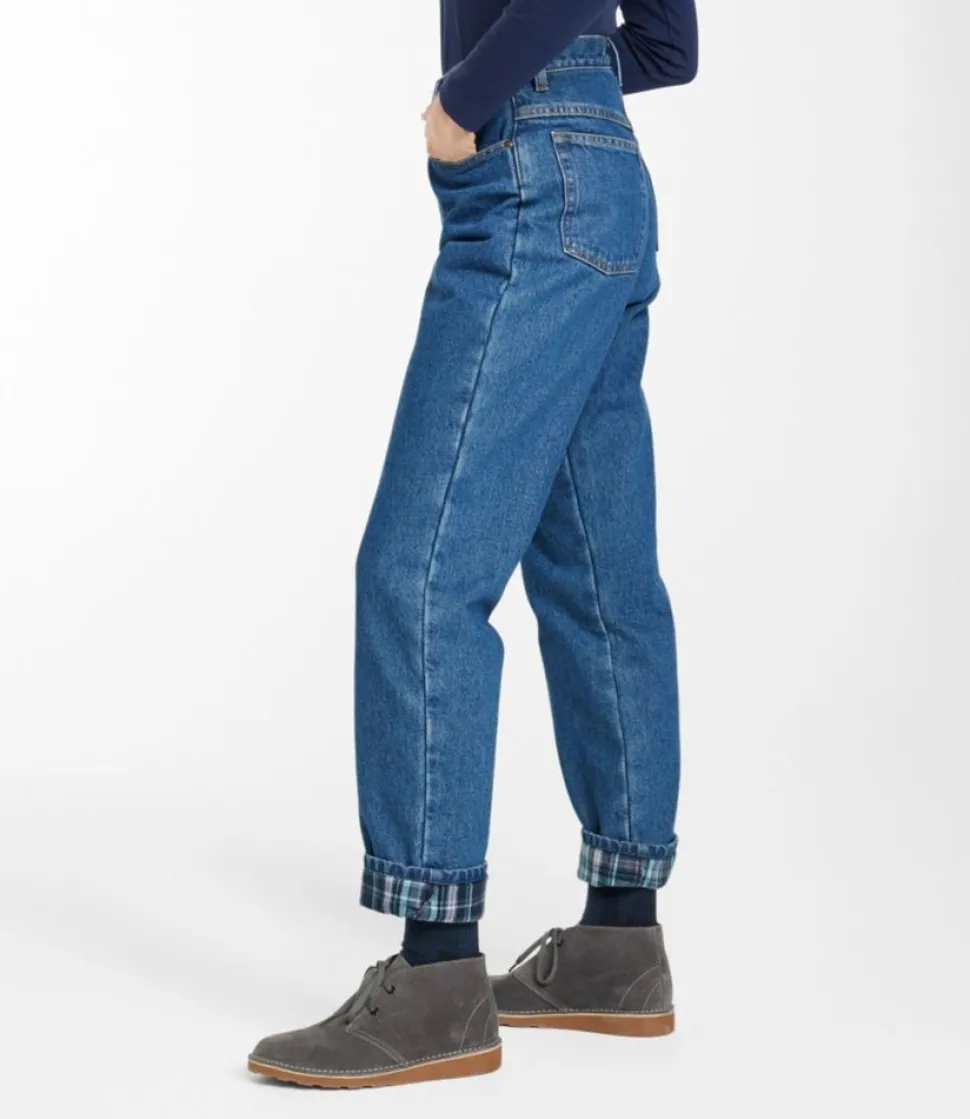 Cheap L.L.Bean "Women's Double L® Jeans, Ultra-High Rise Tapered Leg Flannel-Lined" DarkIndigoPlaid