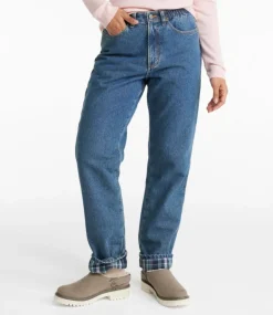 Best Sale L.L.Bean "Women's Double L® Jeans, Ultra High-Rise Comfort Waist Tapered Leg Flannel-Lined" DarkIndigoPlaid