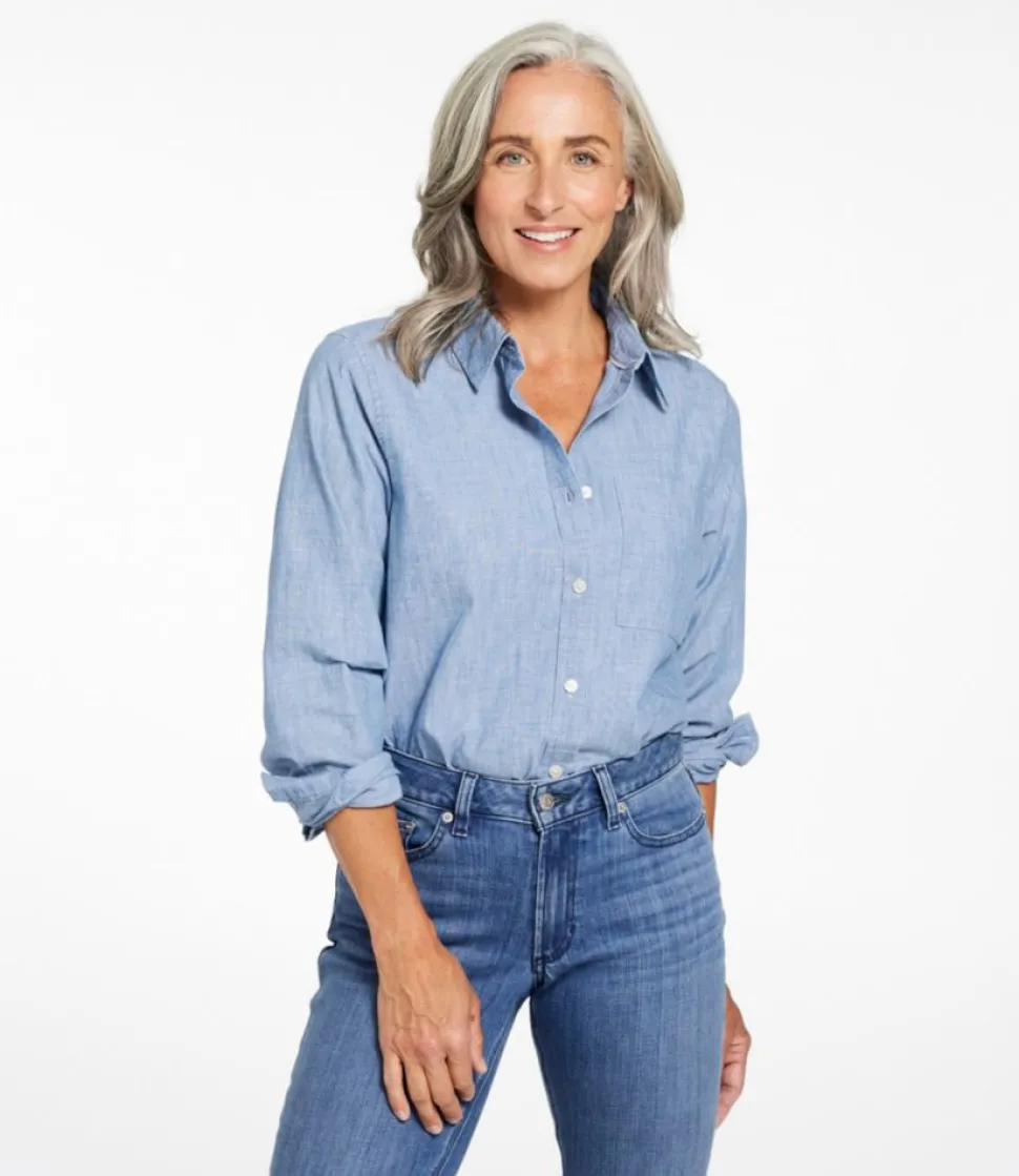 Outlet L.L.Bean "Women's Essential Cotton Shirt, Chambray Long Sleeve" CleanIndigo