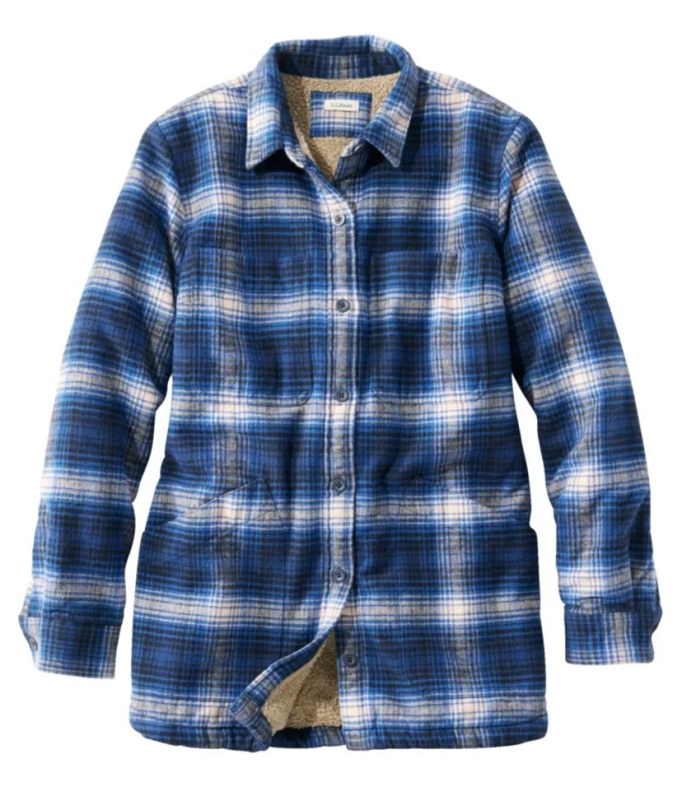 Fashion L.L.Bean "Women's Heritage Chamois Shirt, Sherpa-Lined Shacket Pattern" OceanBluePlaid