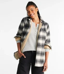 Fashion L.L.Bean "Women's Heritage Chamois Shirt, Sherpa-Lined Shacket Pattern" OceanBluePlaid