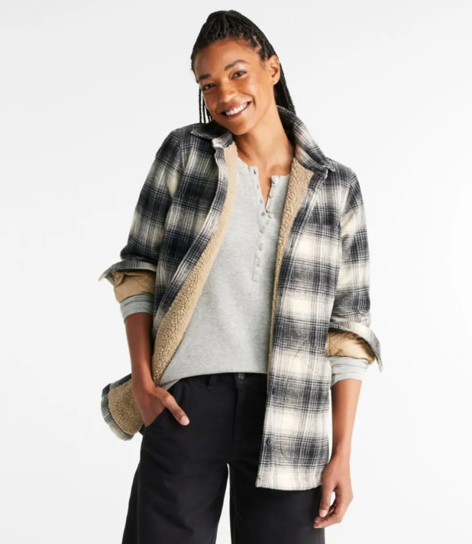 Fashion L.L.Bean "Women's Heritage Chamois Shirt, Sherpa-Lined Shacket Pattern" OceanBluePlaid