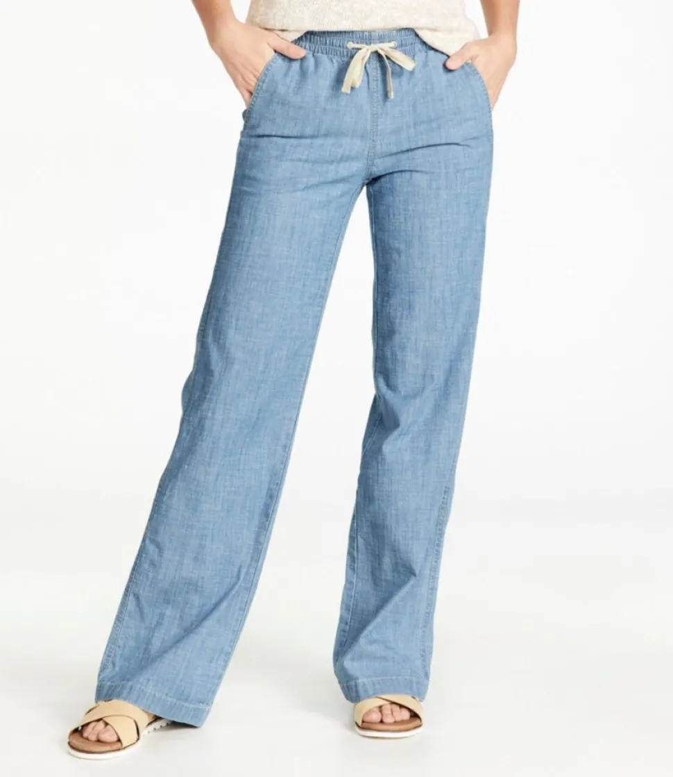 Sale L.L.Bean "Women's Lakewashed Pull-On Chinos, Mid-Rise Wide-Leg Chambray"