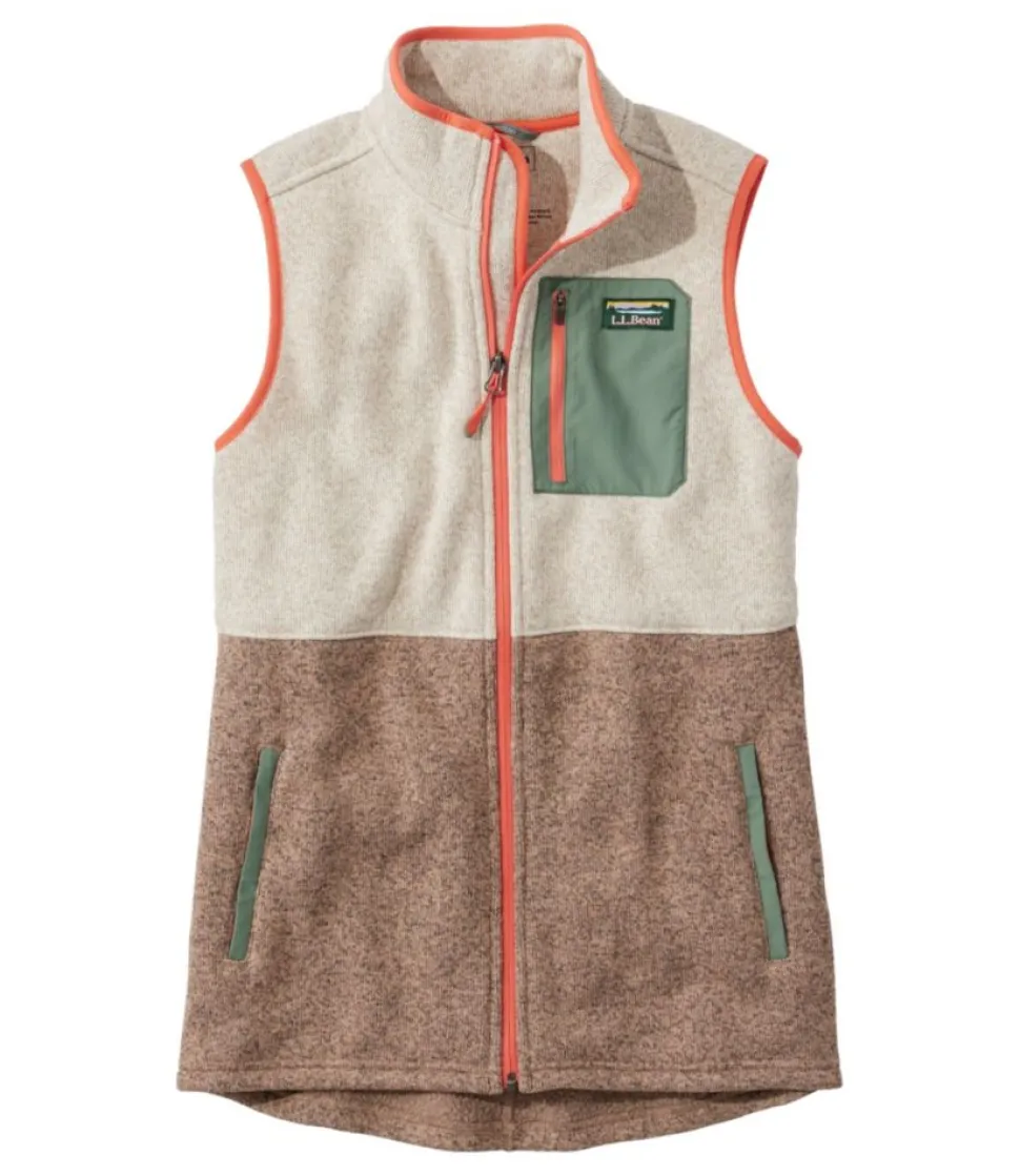Outlet L.L.Bean "Women's Sweater Fleece, Long Vest Colorblock" Sailcloth/AlmondBeige
