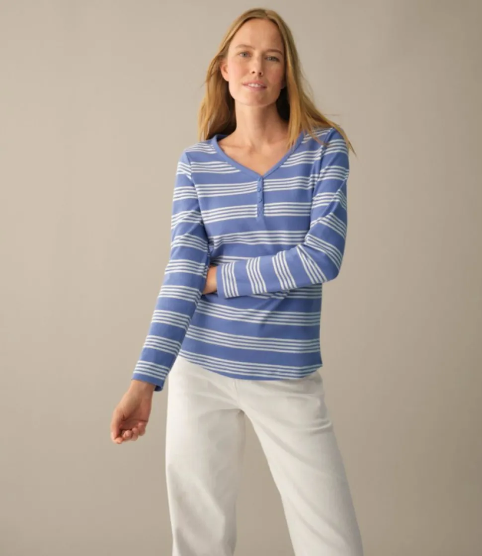 Discount L.L.Bean "Women's V-Neck Henley, Long-Sleeve Stripe"