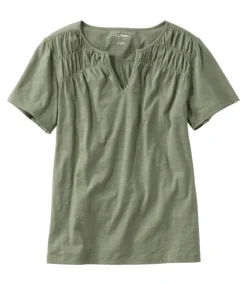 Cheap L.L.Bean "Women's Organic Cotton Tee, Smocked Notch-Neck Short-Sleeve" BayLeaf